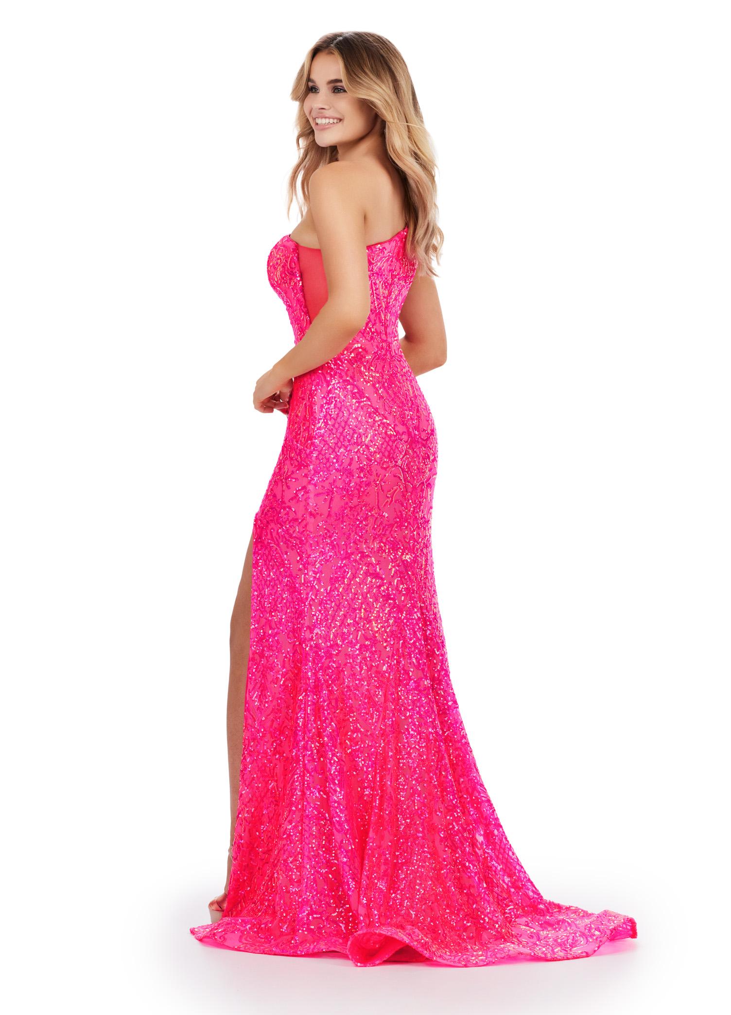 Back. Hot pink ASHLEYlauren 11471 one shoulder stretch sequin gown with illusion side cut out and left leg slit