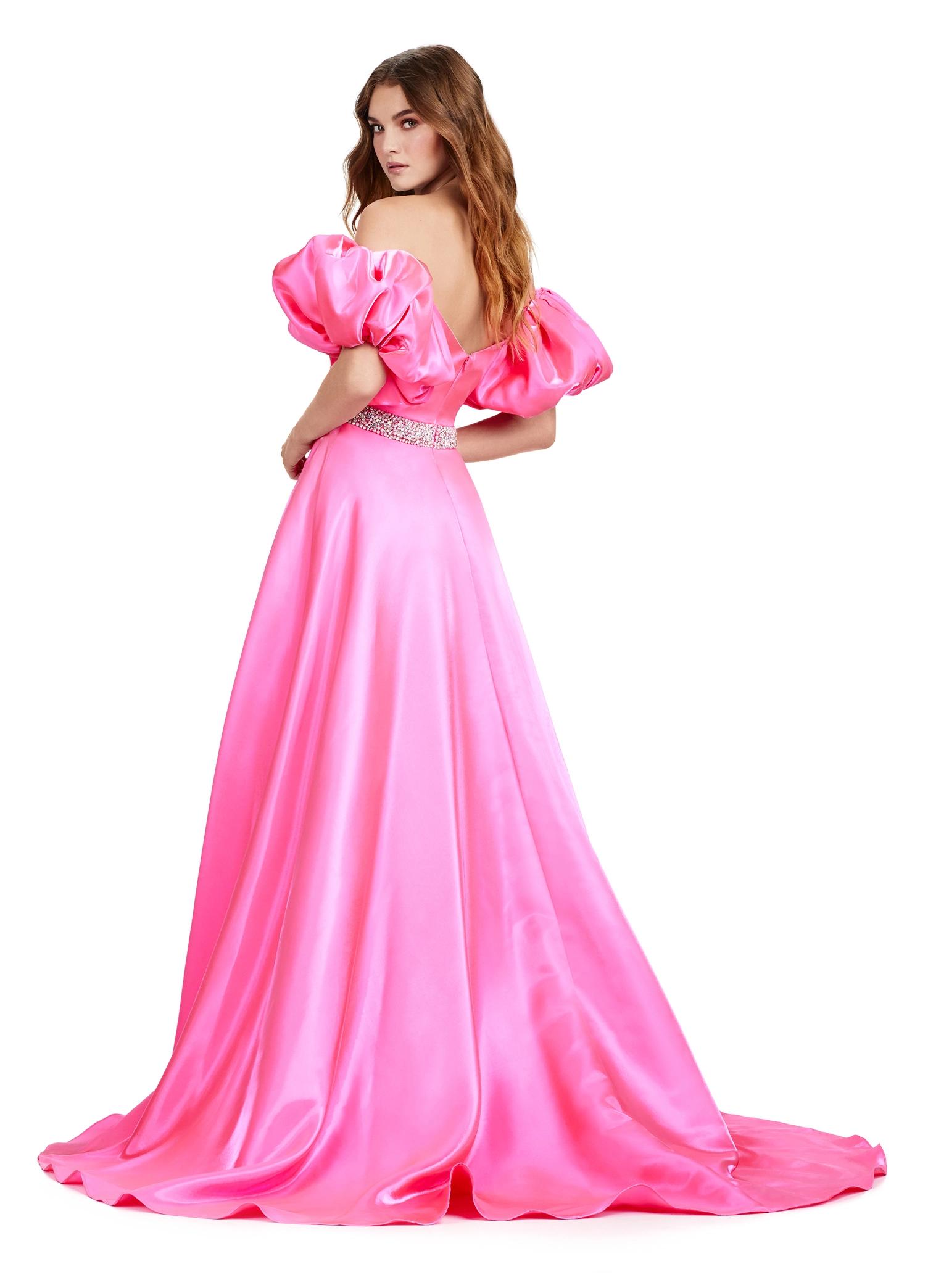 Back. Hot pink ASHLEYlauren 11474 strapless satin ball gown with sweetheart neckline, beaded belt, left leg slit, and detachable puff sleeves