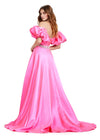 Back. Hot pink ASHLEYlauren 11474 strapless satin ball gown with sweetheart neckline, beaded belt, left leg slit, and detachable puff sleeves