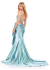Back. Ice Blue ASHLEYlauren 11638 Edgy Shimmer Jersey Gown with Spaghetti Straps, Structured Corset Bustier, Statement Bow and Ruffle Accent, and Lace Up Back
