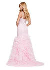 Back. Ice pink ASHLEYlauren 11475 mermaid gown with exposed corset bodice, lace detailing, and dramatic ruffled tulle trumpet skirt