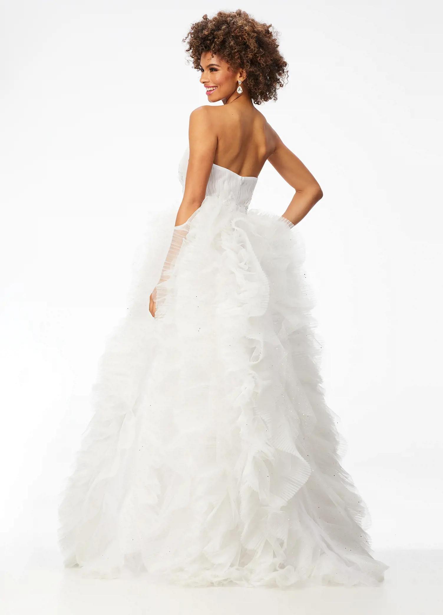 Back. Ivory ASHLEYlauren 11141 Strapless Ball Gown with Sweetheart Neckline, Intricately Beaded Bustier, and Glitter Tulle Ruffle Skirt