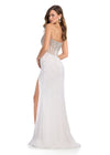 Back. Ivory ASHLEYlauren 11236 jaw-dropping strapless gown featuring a fitted silhouette, corset bustier with stunning crystal beadwork, a fully beaded wrap skirt, and a left leg slit for a glamorous red carpet-worthy look.