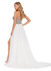 Back. Ivory ASHLEYlauren 11245 One Shoulder Chiffon Gown with Turquoise & Crystal Beading and Illusion Cut Out