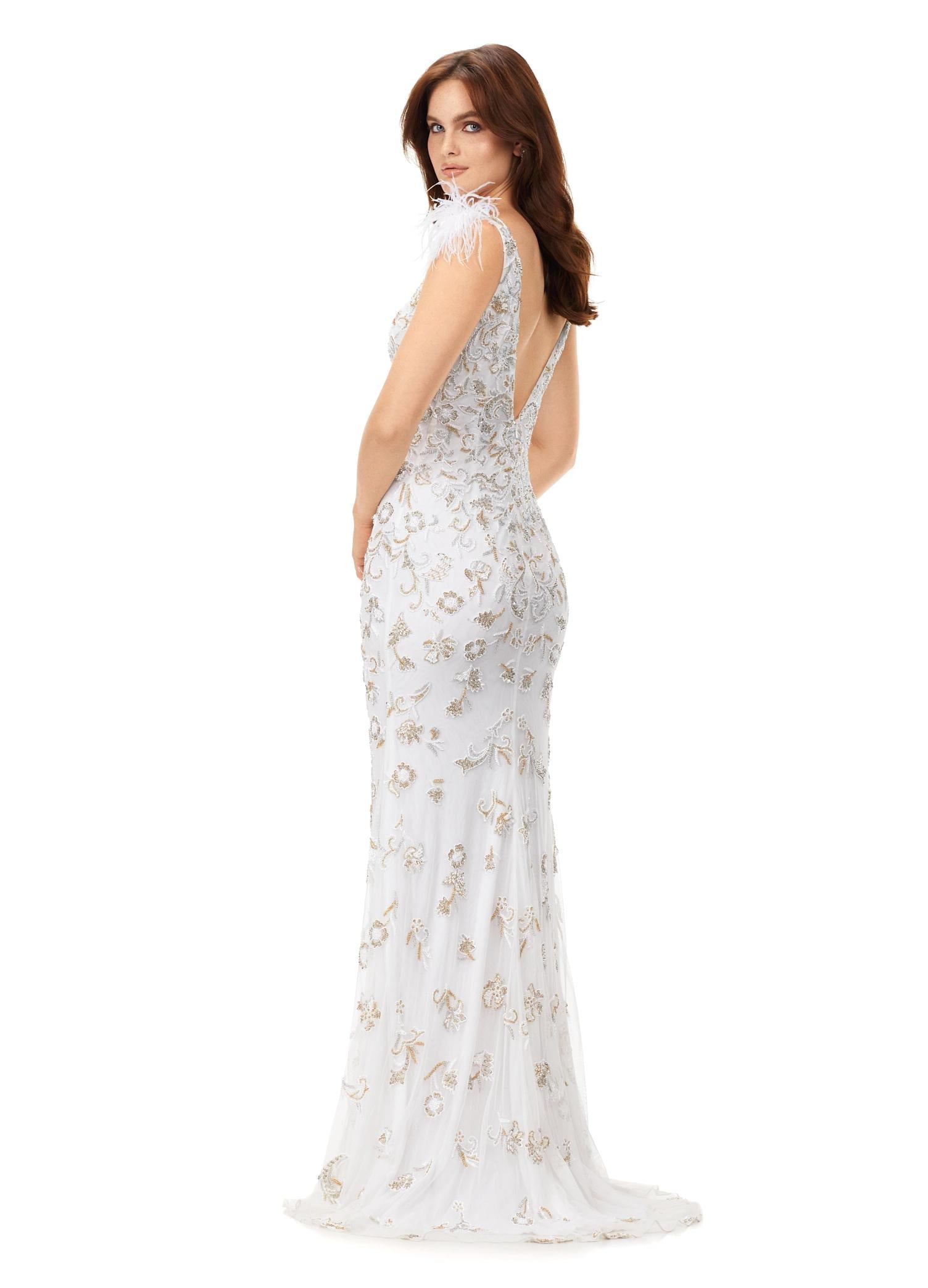 Back. Ivory ASHLEYlauren 11349 beaded gown featuring a V-neckline, feather shoulder details, V-back, and a sweep train for an elegant and dramatic look.