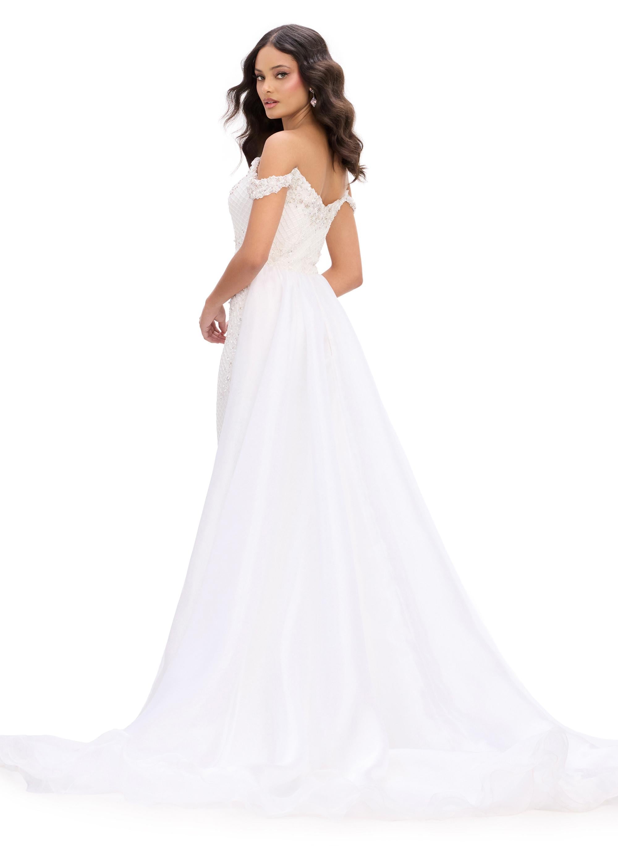 Back. Ivory ASHLEYlauren 11767 Fully Beaded Gown with Sweetheart Neckline, Beaded Off Shoulder Bow Straps, and Flowing Organza Overskirt for a Regal Look