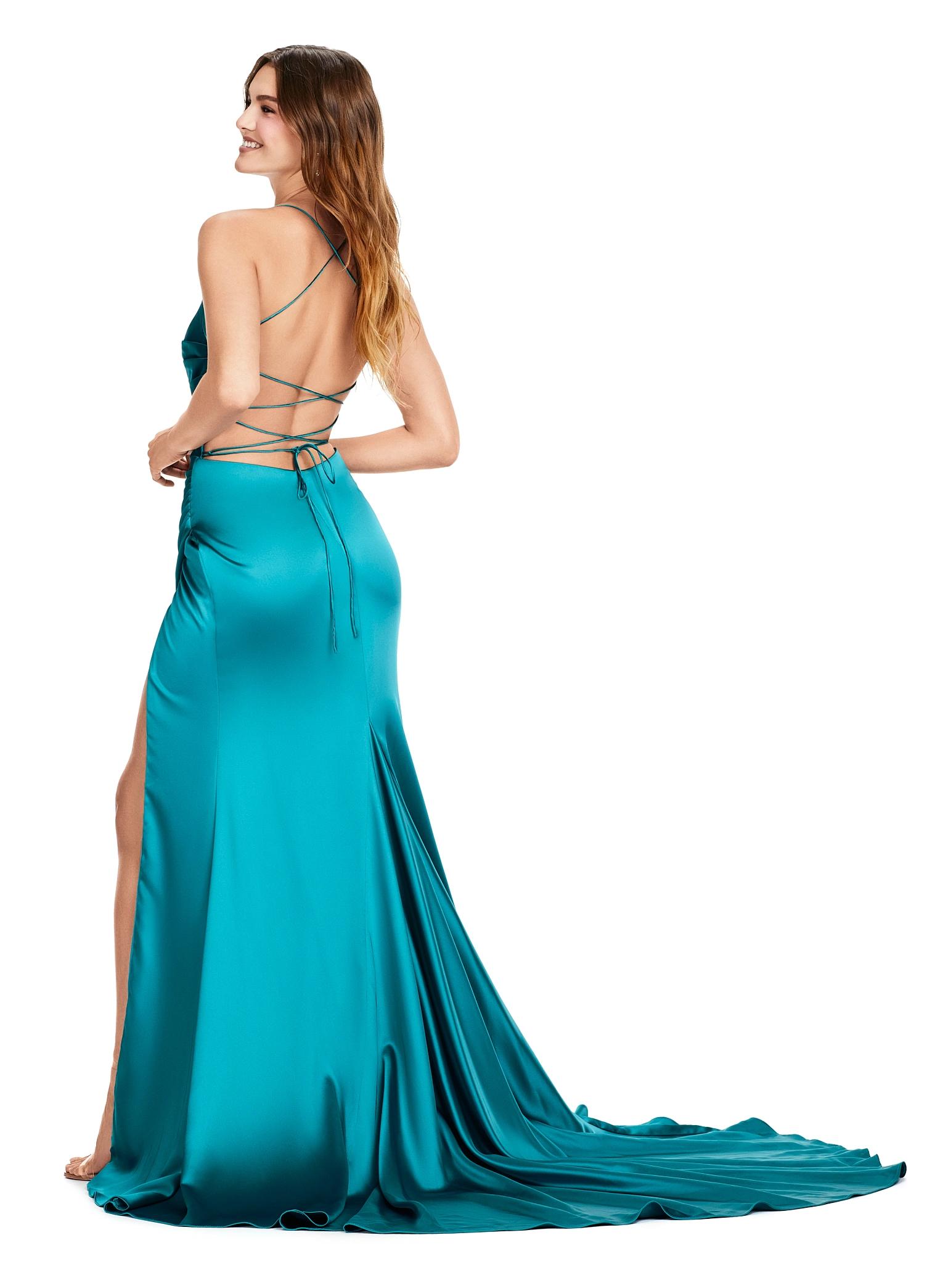 Back. Jade ASHLEYlauren 11162 Elegant Gown with Spaghetti Straps, Draped Bodice, Ruching, Left Leg Slit, and Lace-Up Back