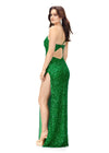 Back. Kelly Green ASHLEYlauren 11285 One Shoulder Sequin Gown with Adjustable Straps, Keyhole Back Cut Out, Fully Hand Beaded Design, and Left Leg Slit