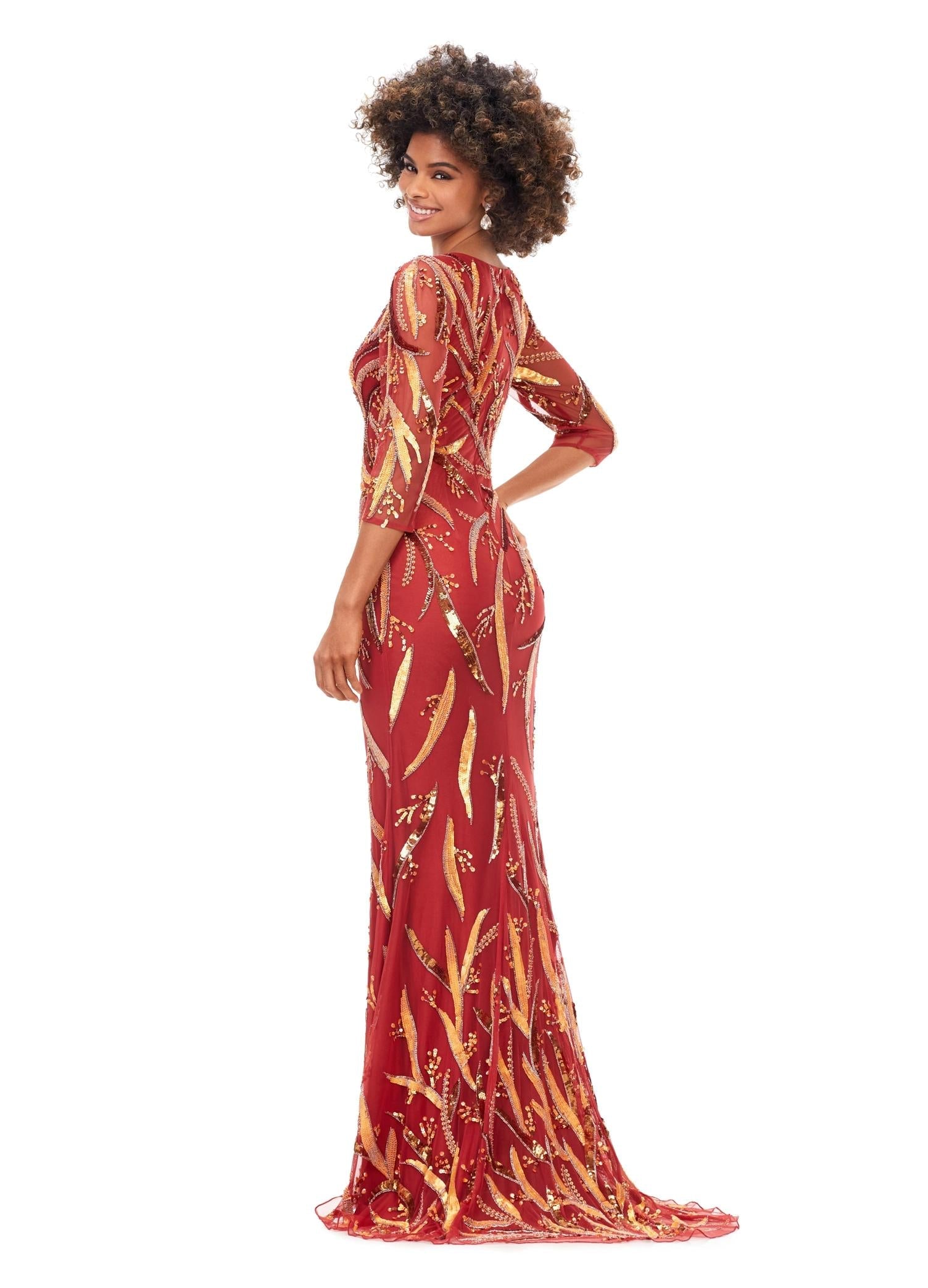 Back. Light Amber ASHLEYlauren 11205 Sophisticated Fitted Gown with V-Neckline, Fully Sequin Beaded Design, Three Quarter Sleeves, High Back, and Sweep Train