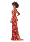 Back. Light Amber ASHLEYlauren 11205 Sophisticated Fitted Gown with V-Neckline, Fully Sequin Beaded Design, Three Quarter Sleeves, High Back, and Sweep Train