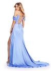 Back. Light Blue ASHLEYlauren 11575 Strapless Satin Gown with Corset Bustier, Ruched Hip Detail, Draped Skirt, Slit, and Sweep Train