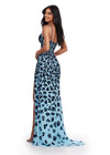 Back. Light Blue ASHLEYlauren 11674 Spaghetti Strap Gown with Ornate Cheetah Print Beading, Structured Corset Bustier, and Left Leg Slit