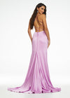Back. Lilac ASHLEYlauren 11162 Elegant Gown with Spaghetti Straps, Draped Bodice, Ruching, Left Leg Slit, and Lace-Up Back
