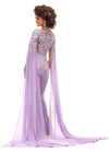 Back. Lilac ASHLEYlauren 11254 statement-making jumpsuit featuring a V-neckline bustier, intricate lace applique, sequin embellishments, and dramatic chiffon floor-length sleeves for a bold and glamorous entrance.
