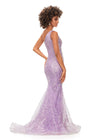 Back. Lilac ASHLEYlauren 11334 One Shoulder Sequin Gown with Lace Appliqué Bodice, Fitted Skirt, Full Zipper Back, and Sweep Train