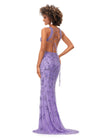 Back. Lilac ASHLEYlauren 11366 stunning hand-beaded gown featuring a deep V-neckline, intricate bead pattern, side cut outs, a lace-up open back, and a sweep train for a bold and glamorous statement look.