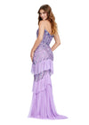 Back. Lilac ASHLEYlauren 11438 glamorous gown featuring a sweetheart illusion V-neckline, ornate bead pattern, striking V-back, tiered ruffle skirt, and a center slit with tulle details for an elegant and dramatic look.