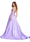 Back. Lilac ASHLEYlauren 11473 elegant A-line satin ball gown featuring a strapless sweetheart neckline, ruched bustier, and a fully beaded matching choker for a timeless and glamorous look.