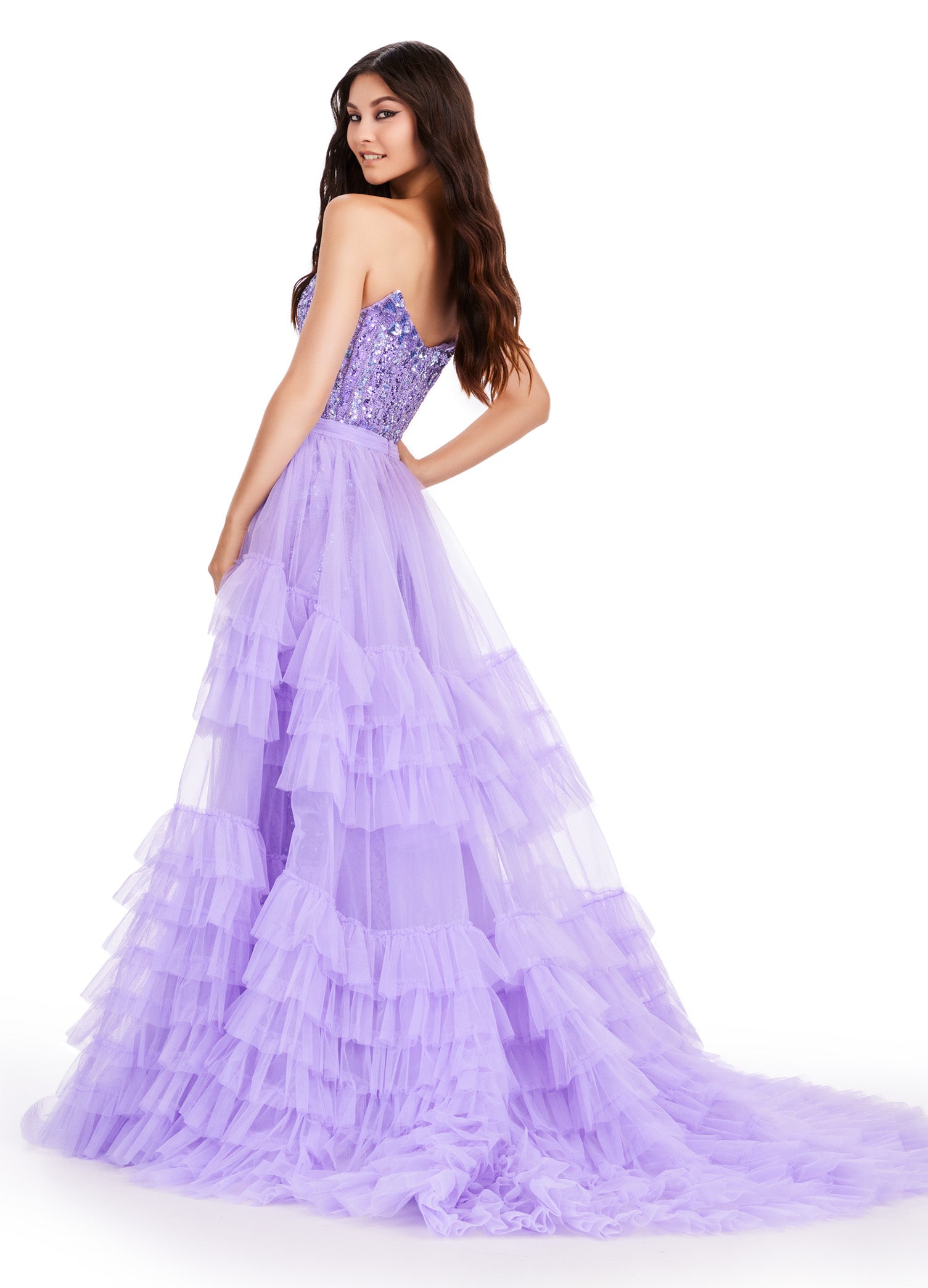 Back. Lilac ASHLEYlauren 11602 Tiered Tulle Overskirt with Voluminous Layers, Perfect for Adding Drama to Any Gown, Jumpsuit, or Cocktail Look