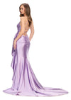 Back. Lilac ASHLEYlauren 11638 Edgy Shimmer Jersey Gown with Spaghetti Straps, Structured Corset Bustier, Statement Bow and Ruffle Accent, and Lace Up Back