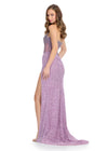 Back. Lilac ASHLEYlauren 11830 dazzling fully hand-beaded gown featuring a sweetheart neckline, corset bustier, left leg slit, and a horsehair-trimmed skirt for a glamorous and elegant look.