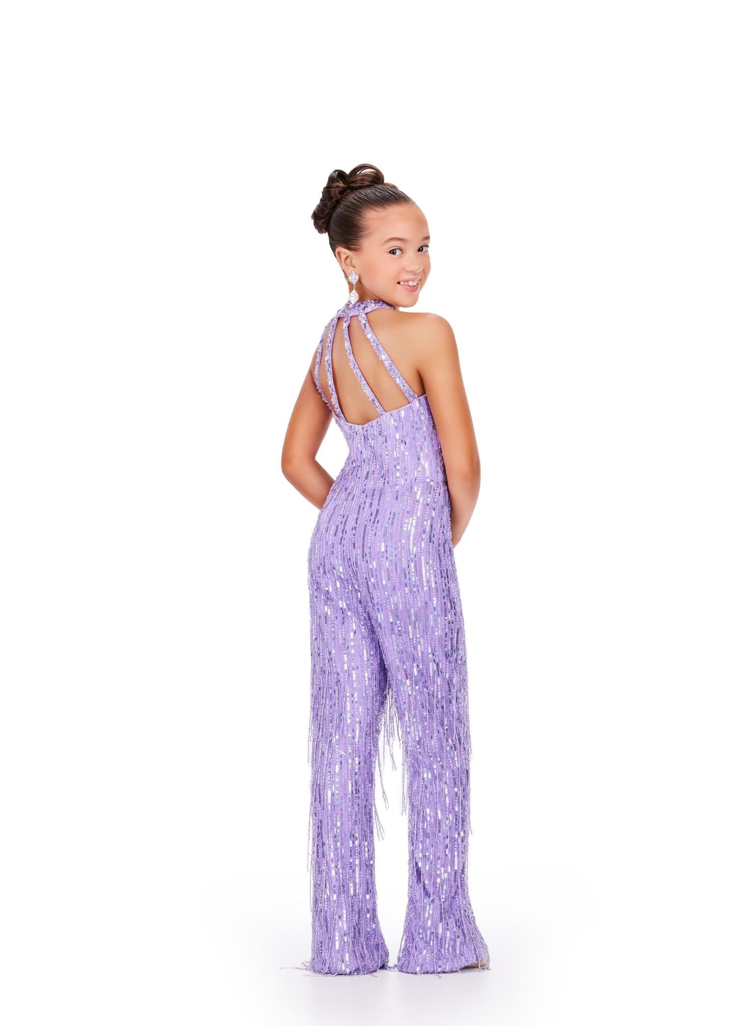 Back. Lilac ASHLEYlauren Kids 8194 runway-ready fully beaded jumpsuit featuring a halter neckline and fringe detailing throughout for the perfect amount of movement and glamour.