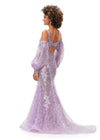 Back. Lilac SHLEYlauren 11335 Spaghetti Strap Sequin Appliqué Gown with Illusion Corset Bodice, Trumpet Skirt, Open Back, and Detachable Puff Sleeves