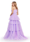 Back. Lilac/Sky ASHLEYlauren 11619 One Shoulder Ball Gown with Ruched Bustier, Two-Tone Tiered Pleated Tulle Skirt, and Left Leg Slit