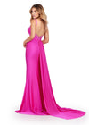 Back. Magenta ASHLEYlauren 11579 Unique Jersey Gown with Illusion V-Neckline, Sparkling Press On Stones, Flowing Side Skirt, and Left Leg Slit