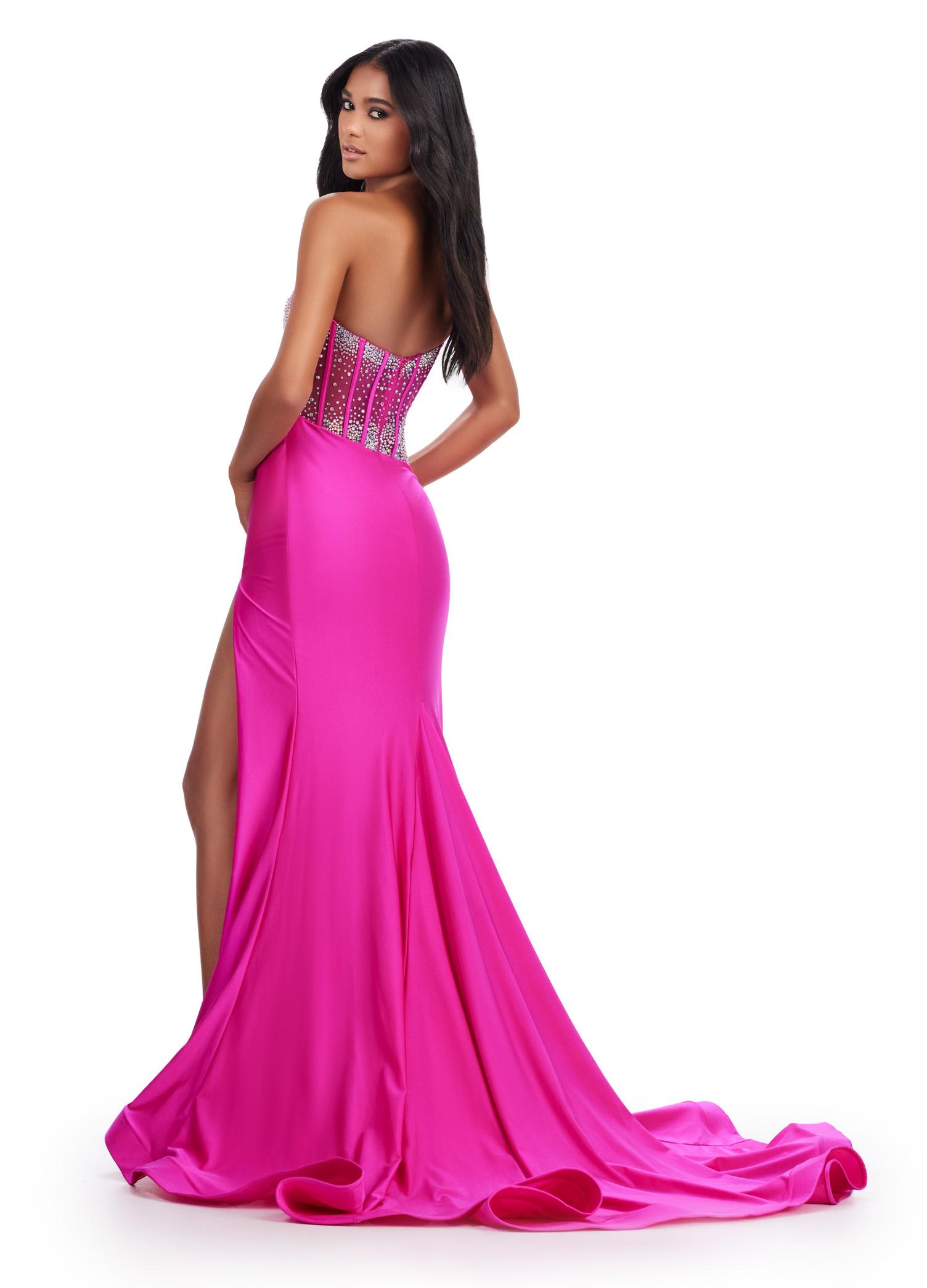 Back. Magenta ASHLEYlauren 11617 Elegant One Shoulder Jersey Gown with Glamorous Beaded Corset Bustier, Ruched Hip Detail, and Left Leg Slit