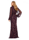 Back. Merlot ASHLEYlauren 11210 Modern Hand Beaded Gown with V-Neckline, Flowing Balloon Sleeves, Intricate Bead Motif, and High Back