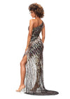 Back. Multi/Black ASHLEYlauren 11207 One-Shoulder Sequin Gown with Asymmetrical Wrap Bead Pattern, Illusion Cut-Out, Slit, and Sweep Train