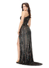 Back. Multi/Black ASHLEYlauren 11240 fully hand-beaded one shoulder gown featuring an intricate bead pattern designed to accentuate curves, a bold cut out detail, and a left leg slit for a striking and glamorous look.