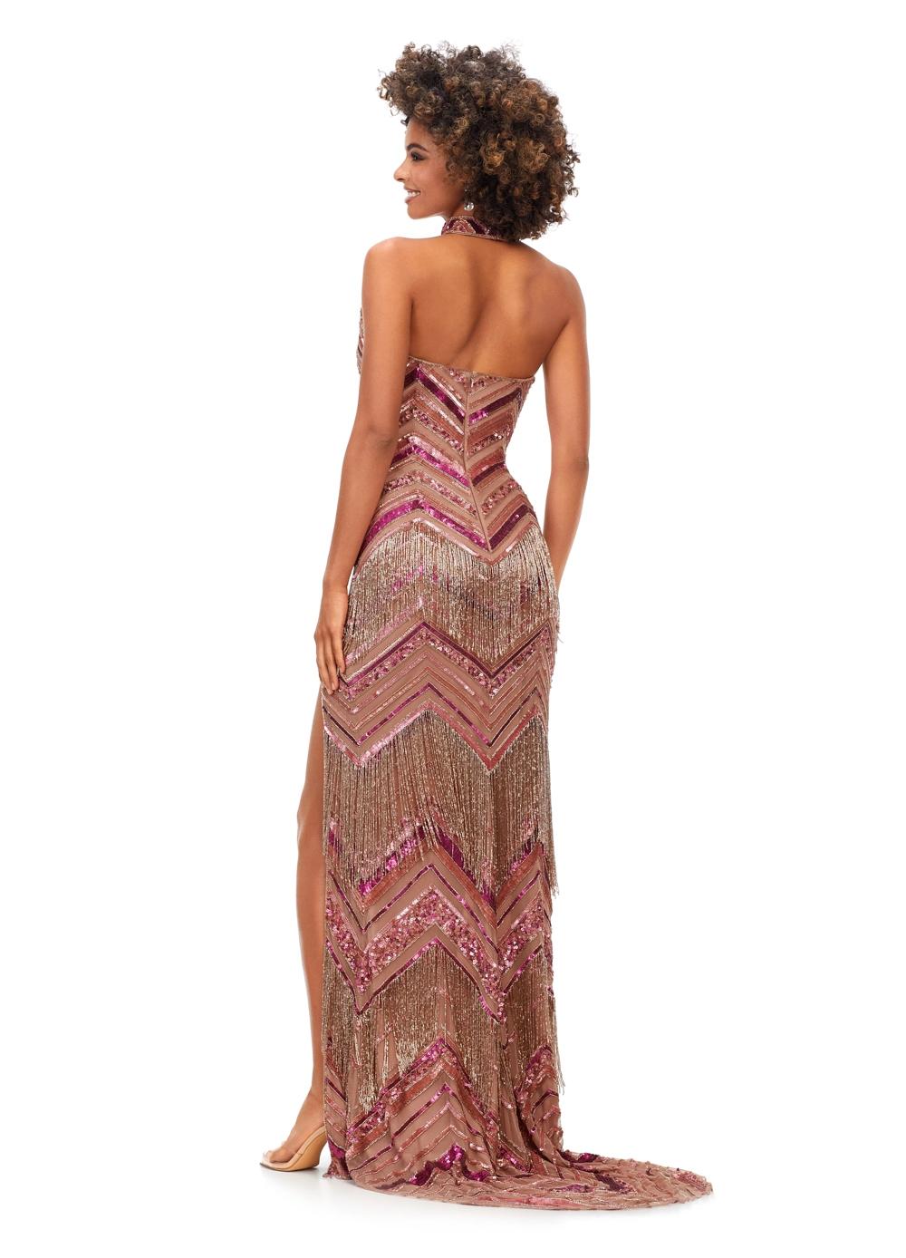 Back. Multi/Nude ASHLEYlauren 11259 art deco-inspired gown featuring a strapless bustier with built-in corset, intricate bead pattern, cascading fringe accents, left leg slit, and a beaded neck collar for a striking and elegant look.