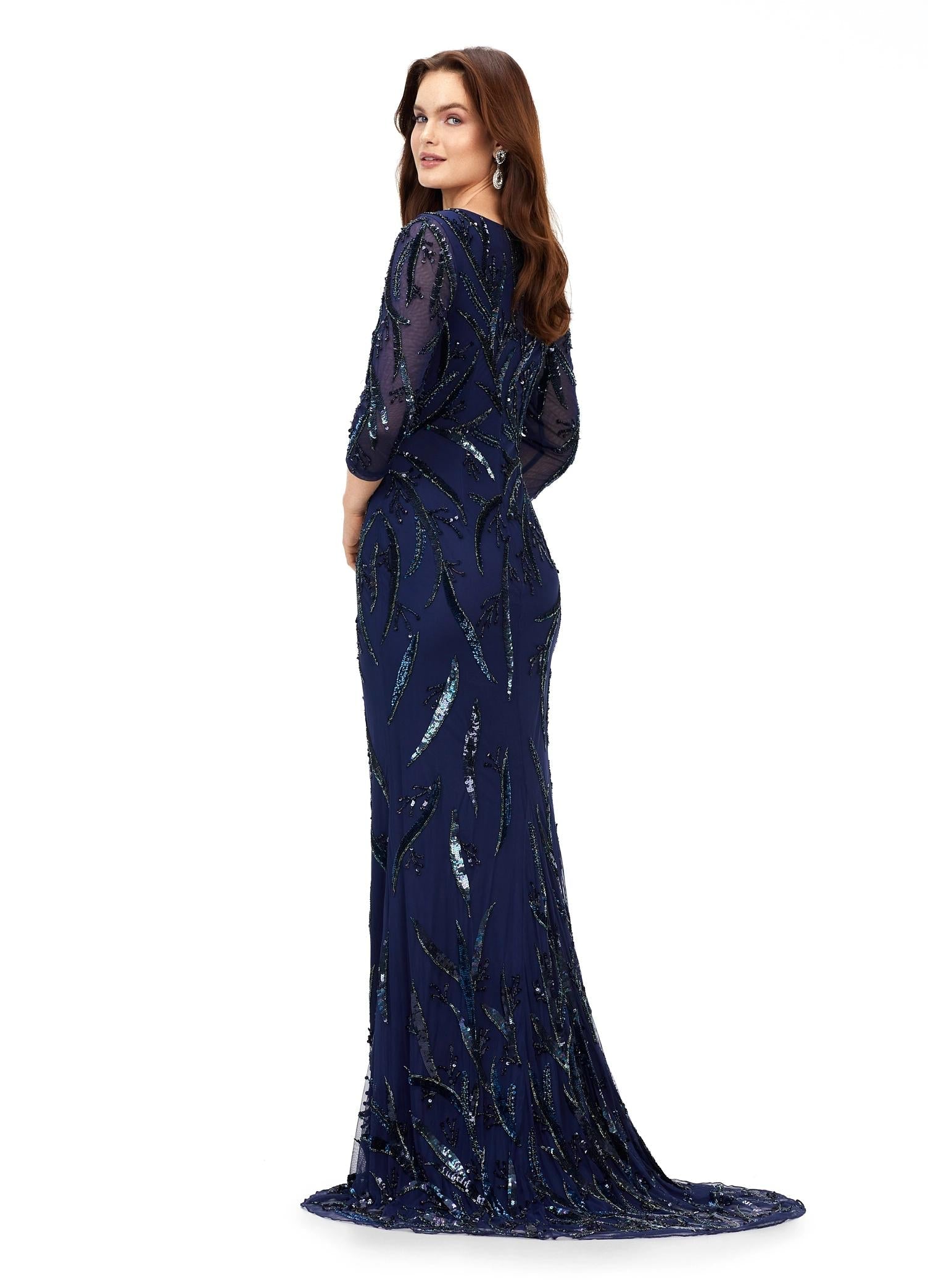 Back. Navy ASHLEYlauren 11205 Sophisticated Fitted Gown with V-Neckline, Fully Sequin Beaded Design, Three Quarter Sleeves, High Back, and Sweep Train