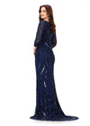 Back. Navy ASHLEYlauren 11205 Sophisticated Fitted Gown with V-Neckline, Fully Sequin Beaded Design, Three Quarter Sleeves, High Back, and Sweep Train