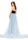 Back. Navy/Sky ASHLEYlauren 11311 stretch velvet gown featuring a strapless sweetheart bustier, crystal-embellished organza overskirt, and cascading crystal details for an elegant and luxurious look.