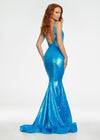 Back. Neon Blue ASHLEYlauren 11108 Sequin Gown with Spaghetti Straps, Illusion V-Neckline, Deep V-Back, Fitted Silhouette, and Horsehair Hem