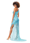 Back. Blue ASHLEYlauren 11207 One-Shoulder Sequin Gown with Asymmetrical Wrap Bead Pattern, Illusion Cut-Out, Slit, and Sweep Train