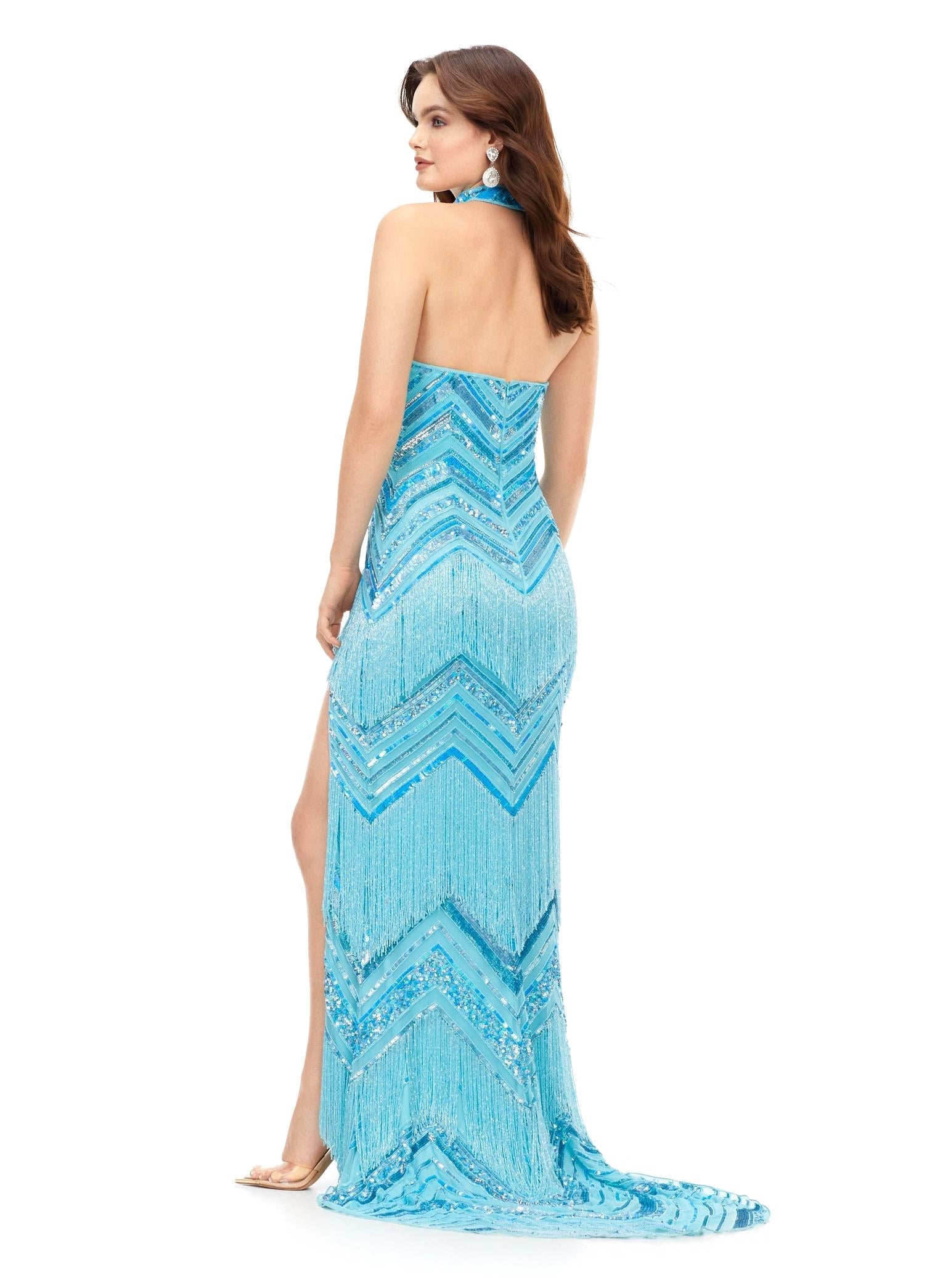 Back. Neon Blue ASHLEYlauren 11259 art deco-inspired gown featuring a strapless bustier with built-in corset, intricate bead pattern, cascading fringe accents, left leg slit, and a beaded neck collar for a striking and elegant look.