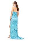 Back. Neon Blue ASHLEYlauren 11259 art deco-inspired gown featuring a strapless bustier with built-in corset, intricate bead pattern, cascading fringe accents, left leg slit, and a beaded neck collar for a striking and elegant look.