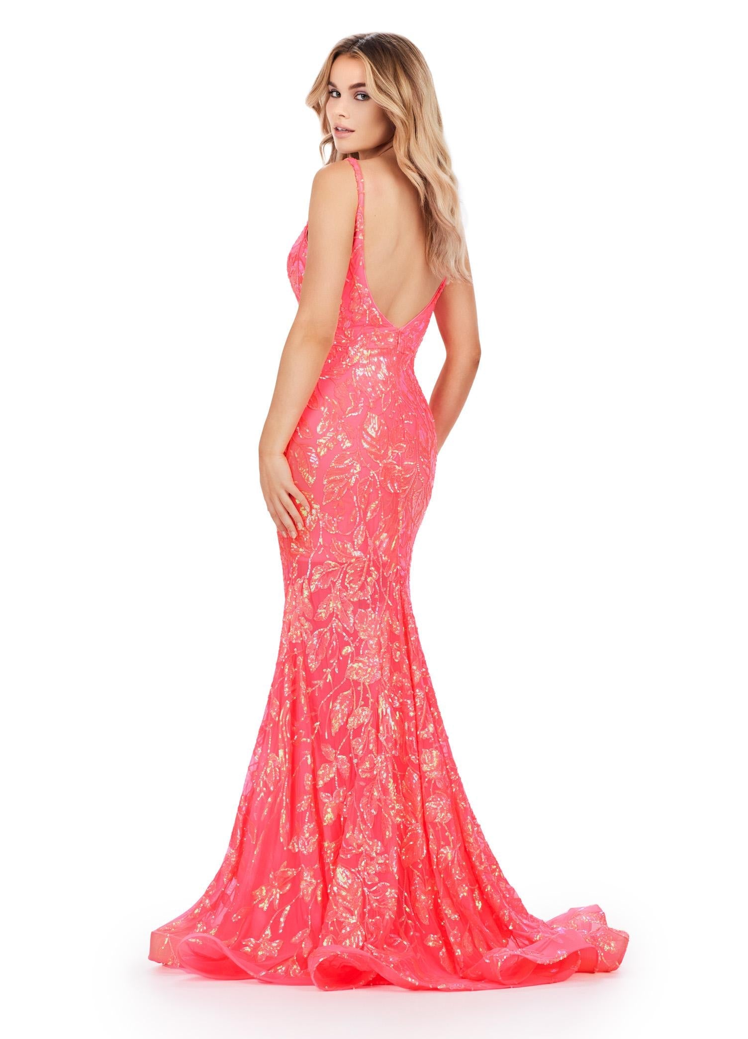 Back. Neon Coral ASHLEYlauren 11444 Fully Sequin Gown with V-Neckline, Deep V-Back, Stretch Fabric, and Flared Skirt for a Regal Look