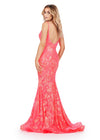Back. Neon Coral ASHLEYlauren 11444 Fully Sequin Gown with V-Neckline, Deep V-Back, Stretch Fabric, and Flared Skirt for a Regal Look