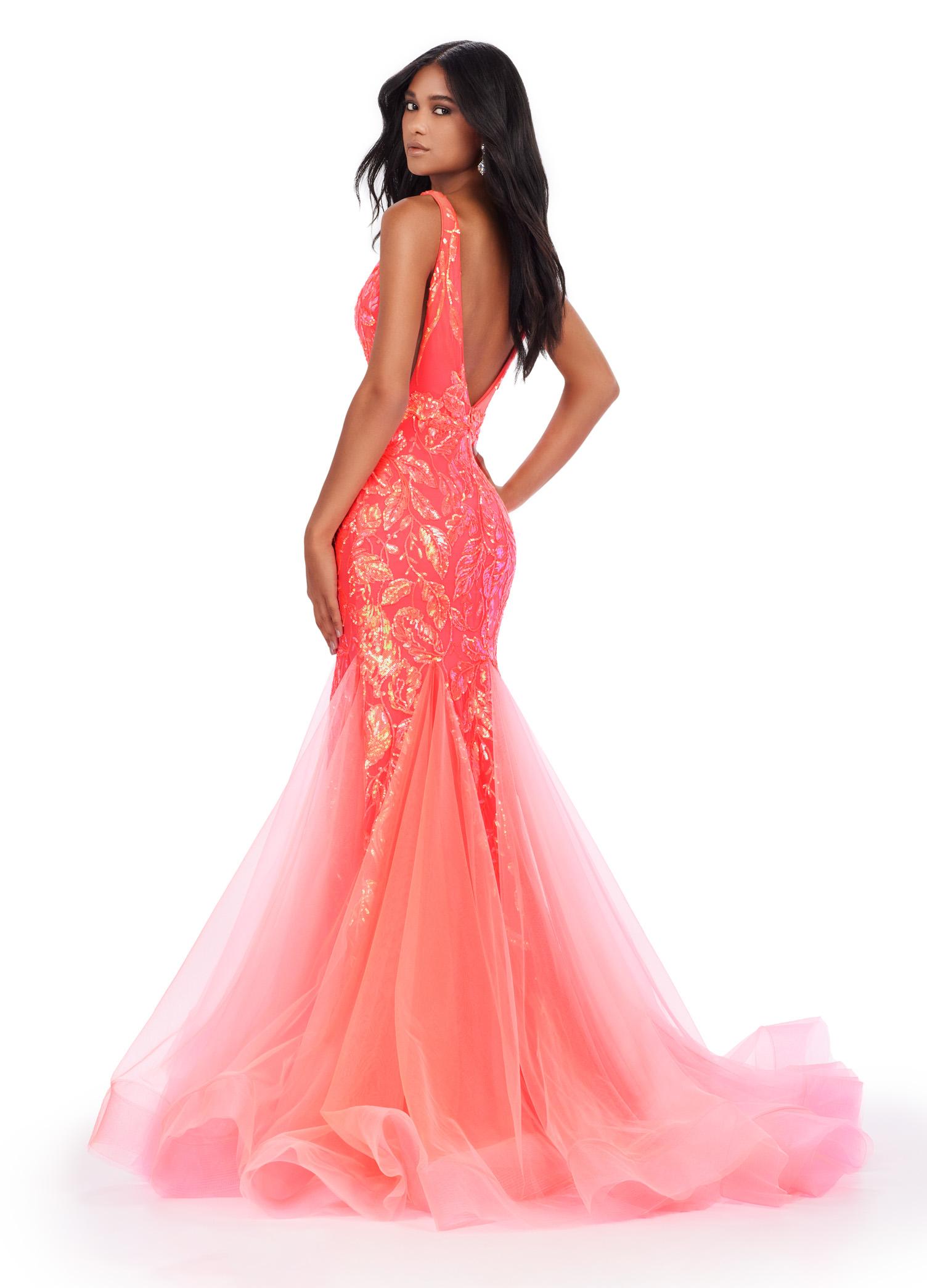 Back. Neon Coral ASHLEYlauren 11472 stretch sequin gown with deep V-neckline, V-back, and pleated tulle overlay skirt
