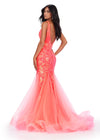 Back. Neon Coral ASHLEYlauren 11472 stretch sequin gown with deep V-neckline, V-back, and pleated tulle overlay skirt