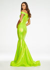 Back. Neon Green ASHLEYlauren 11109 Off-Shoulder Sequin Gown with Sweetheart Neckline, Full Zipper Back, Mermaid Silhouette, and Horsehair Hem