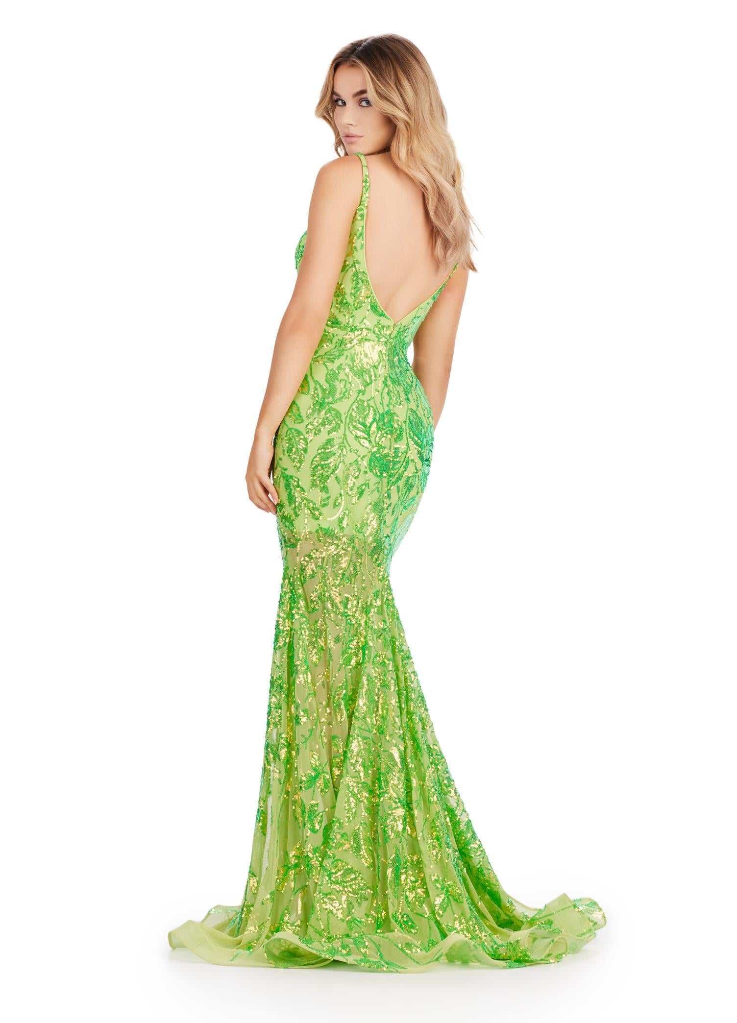 Back. Neon Green ASHLEYlauren 11444 Fully Sequin Gown with V-Neckline, Deep V-Back, Stretch Fabric, and Flared Skirt for a Regal Look