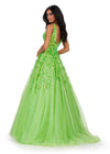 Back. Neon Green ASHLEYlauren 11470 Tulle Ball Gown with V-Neckline, V-Back, Sequin Appliqué Bodice, and Cascading Appliqué Detail on Full Skirt