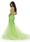 Back. Neon Green ASHLEYlauren 11472 stretch sequin gown with deep V-neckline, V-back, and pleated tulle overlay skirt