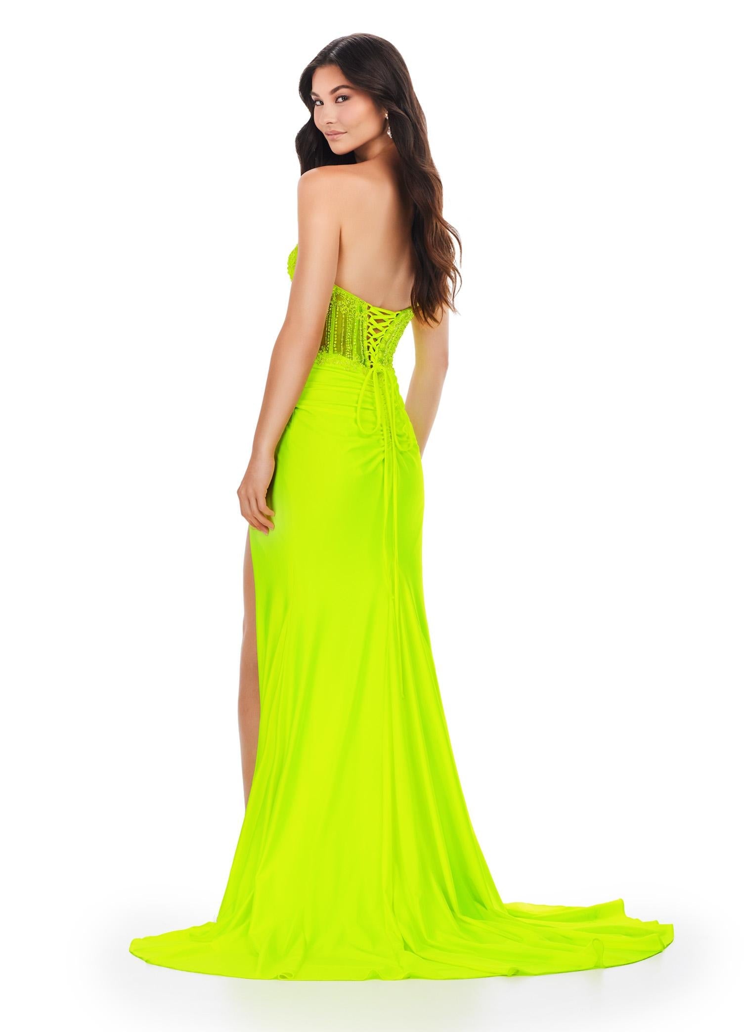 Back. Neon Green ASHLEYlauren 11520 Fitted Jersey Gown with Sweetheart Neckline, Beaded Corset Bustier, Lace Up Back, Ruched Detail, and Left Leg Slit
